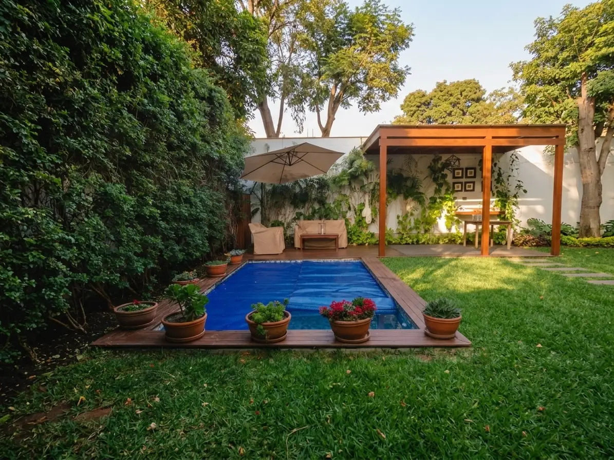 Piscina con cobertor térmico en un ambiente natural en casa de campo